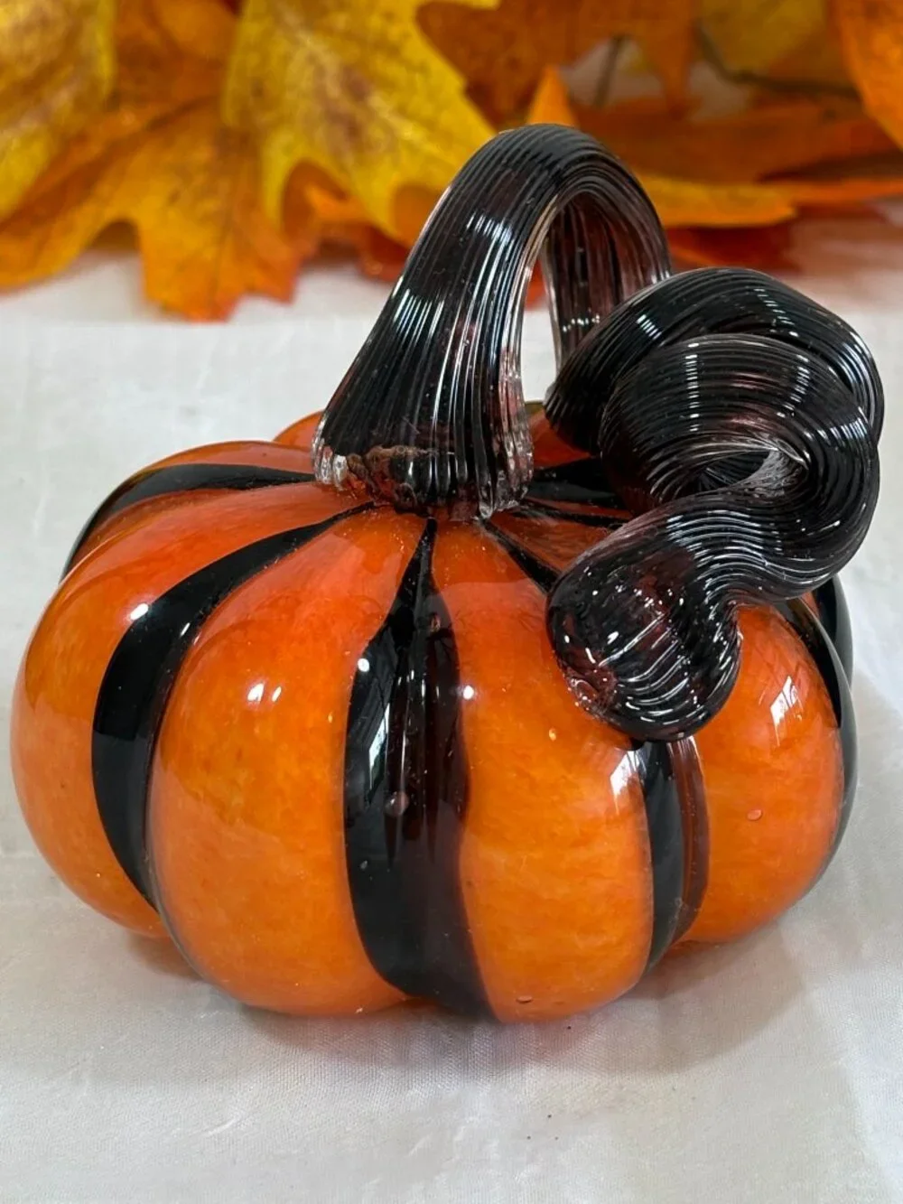 Hand Blown Art Glass Pumpkin Orange & Black Striped Designer Halloween Decor New